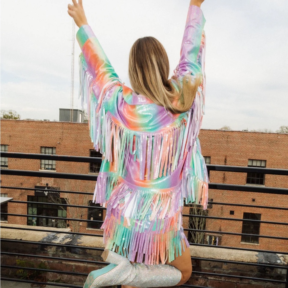 Queen of Sparkles Rainbow Fringe Blazer NWOT